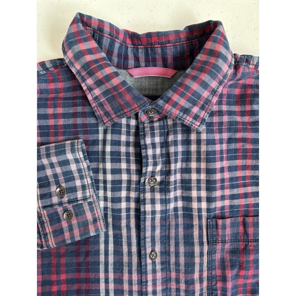 Tommy Bahama Men's Large‎ Red Pink Blue Check Plaid Cotton Long Sleeve Button Up